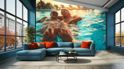 Senior couple hug and smile by swimming pool for relax love or quality bonding time together on summer vacation Happy elderly man holding woman relaxing with feet in water by the pools : Generative AI Wall mural