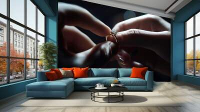 She said yes concept of an expensive gold diamond ring on a womans hand held by her fiance Man holding womans hand with ring closeup womens jewelry shot idea photo : Generative AI Wall mural