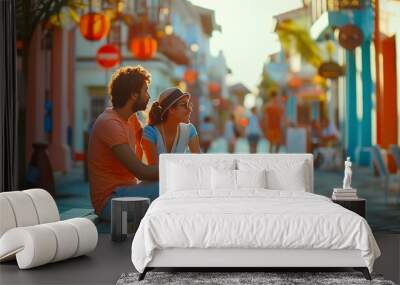 side view of a couple of 2 tourists with a suitcase sitting relaxing and enjoying vacations in a col Wall mural