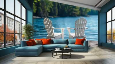 Side view of two white Adirondack chairs on a cottage wooden dock facing the blue water of a lake in Muskoka Ontario Canada on a beautiful sunny summer day : Generative AI Wall mural