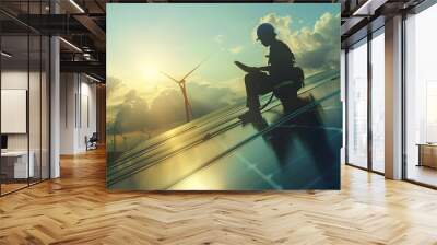 Silhouette engineer working on solar cell plant with windmill field Solar cell smart grid and windmill are ecology energy renewable sunlight alternative green power environment factory : Generative AI Wall mural