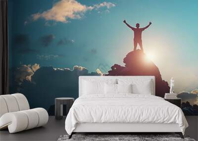 Silhouette of businessman celebrating raising arms on the top of mountain with over blue sky and sunlightconcept of leadership successful achievement with goalgrowthupwin and objective : Generative AI Wall mural