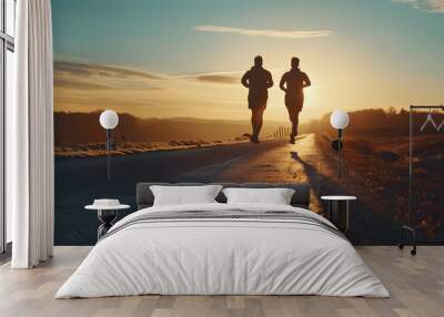 Silhouette of two person running on road go to dream Fitness runner outdoor with sunset background : Generative AI Wall mural