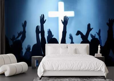 Silhouette worship team raising hands for thanks God at white cross background : Generative AI Wall mural