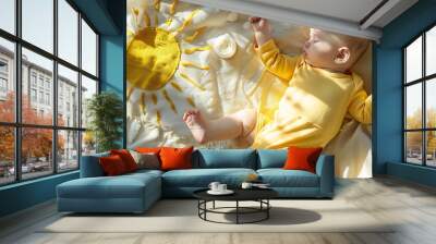 sleeping adorable baby boy on blanket with drawn sun painted from body lotion on legmother hand applying cream sun protection sunblockvacationfat toddler infant cute feet child in yell : Generative AI Wall mural