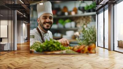 Smiling chef using fresh ingredients while preparing food int he kitchen and looking at camera : Generative AI Wall mural