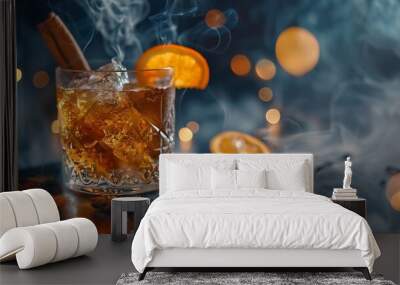 Smoked old fashioned rum cocktail or whiskey with ice and cinnamon stick  on old black rocks with slice of orange Copy space Dark background with smoke : Generative AI Wall mural