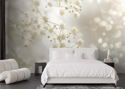 Soft focus blur White gypsophila flower on blur beige gray horizontal long background : Generative AI Wall mural