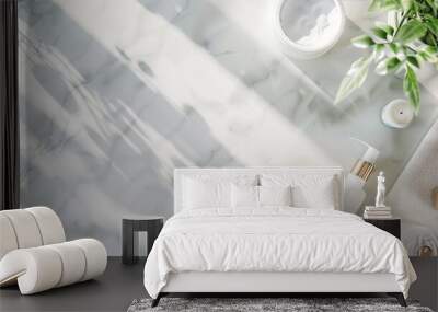 Spa beauty cosmetics on white marble table from above  Copy space : Generative AI Wall mural