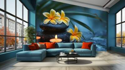 spa still life with Spa stone and yellow frangipani flowers  with candle : Generative AI Wall mural