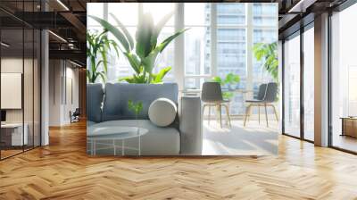 spacious and contemporary office lounge with soft and comfortable couch large windows high chairs and green plants workspace organization concept : Generative AI Wall mural