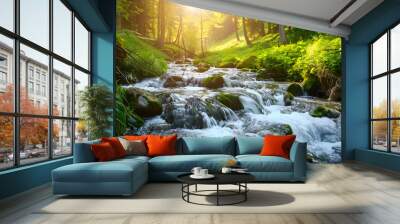 spring forest nature landscape  beautiful spring stream river rocks in mountain forest : Generative AI Wall mural