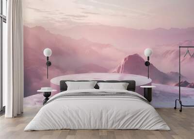 Stone podium tabletop floor in outdoors sky pink pastel with misty mountain nature landscape backgroundBeauty cosmetic product placement pedestal present stand displaysummer paradise d : Generative AI Wall mural