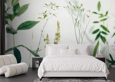 Stylish Botanical background Varied forest grass and leaves with gold washi tape on a white background  Green Pattern : Generative AI Wall mural