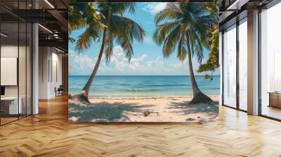 Summer beach landscape Tropical island paradise Exotic coast palm trees pristine sea blue happy sky Amazing nature pattern Exotic destination travel background vacation mood perfect wa : Generative AI Wall mural