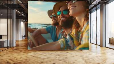 summer holidays road trip vacation travel and people concept  smiling young hippie friends in minivan car on beach : Generative AI Wall mural