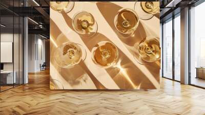 Summer party drinks flat lay wine glasses with white sparkling wine and sunshine shadow on light table Minimal pattern with beautiful wine glasses above view still life beige golden ne : Generative AI Wall mural