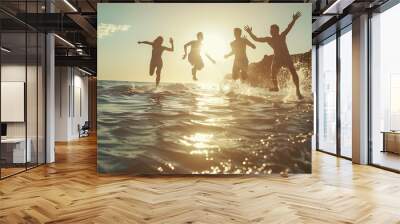 summer silhouettes of happy young people jumping in sea on the beach vintage retro style with soft focus and sun flare : Generative AI Wall mural