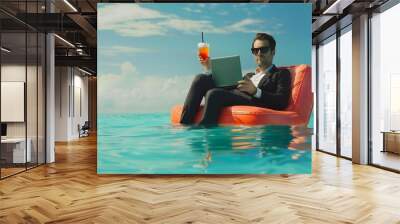 Summer vacations and freedom travel concept Portrait of funny business man on the beach Businessman in suit floating with laptop and cocktail in pool Crazy business man dreams on summe : Generative AI Wall mural