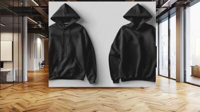 Template blank flat Black hoodie Hoodie sweatshirt with long sleeve flatlay mockup for design and print Hoody front and back top view isolated on white background : Generative AI Wall mural