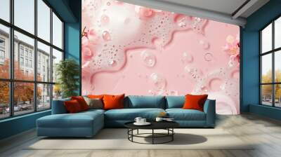 Texture with splashes foam and bubbles with pink podium and flowers Trendy abstract spring summer nature background Flat lay cosmetic mockup : Generative AI Wall mural