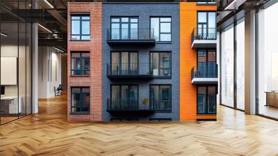 Three different buildings in the city center facade of an old brick abandoned house balconies of a modern apartment building tall glass office building : Generative AI Wall mural