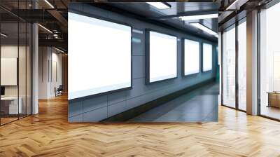 Three mock up the white screen billboard in subway station for advertising information or media on wall of corridor blur passenger walking through the left : Generative AI Wall mural