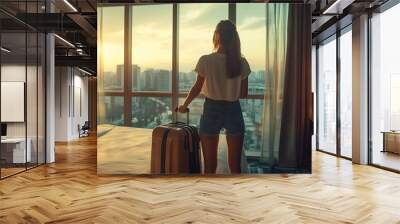 Tourist woman in the hotel bedroom with her luggage standing near the window Travel and vacation concept : Generative AI Wall mural