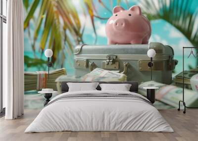 TravelVacation money saving conceptpiggy bank beach vacationMiniature luggage and bundles of hundred dollar billsVacationsCopy spaceSavings concept for vacation : Generative AI Wall mural