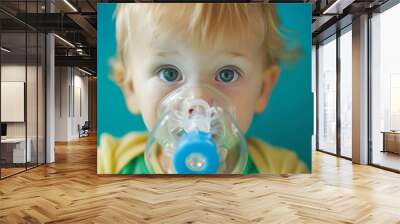 Treatment pneumonia with nebulizer Portrait Baby has respiratory infection or bronchitis and is breathing heavily Blond caucasian child with asthma problems does inhalation with mask o : Generative AI Wall mural