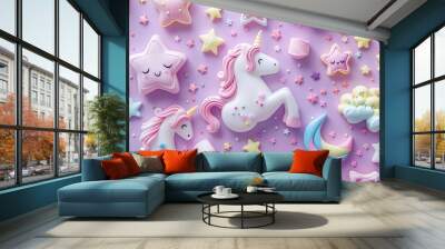 Trendy pastel purple kawaii background with cute air plasticine handmade cartoon animals unicorns clouds rainbows sweet marshmallows pattern Top view flat lay Candycore fairycore : Generative AI Wall mural