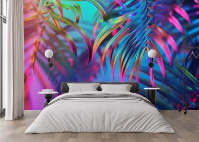 Tropical and palm leaves in vibrant bold gradient holographic neon  colors Concept art Minimal surrealism summer background : Generative AI Wall mural