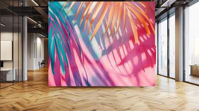 Tropical bright colorful background with exotic painted tropical palm leaves Minimal fashion summer concept Flat lay : Generative AI Wall mural