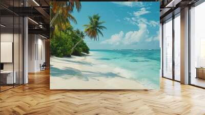 Tropical island paradise sea beach ocean water green coconut palm tree leaves sand sun blue sky cloud beautiful nature panorama landscape Caribbean Maldives Thailand summer holidays va : Generative AI Wall mural