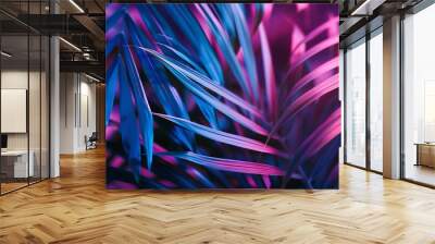 tropical leaf summer background with blue and purple party glow colors exotic jungle palm tree leaves toned : Generative AI Wall mural