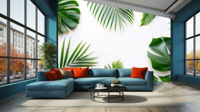 Tropical palm leaves on white background Summer concept Flat lay top view copy space : Generative AI Wall mural