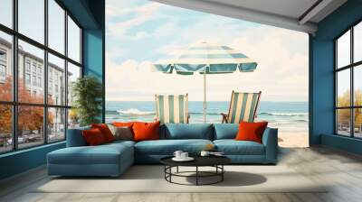 Two beach chairs and an umbrella with next to the ocean waves Wall mural