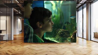 Two boys look at the fish in the aquarium : Generative AI Wall mural