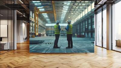 Two Engineers Talking Standing in the Middle of an Empty Warehouse Inspecting Planning Future Factory Layout Professionals Industrial Designers Strategizing about New Manufacturing Pla : Generative AI Wall mural