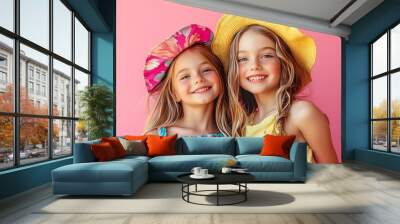 Two girls 1011 years old in fashionable colorful summer clothes posing cheerfully on a pink studio background Fulllength portrait Childrens fashion Active happy kids : Generative AI Wall mural