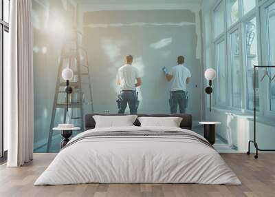 Two male workers from the professional home renovation service painting walls light gray in a big bright living room interior inside a new modern house or apartment : Generative AI Wall mural