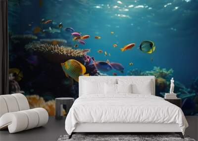 underwater coral reef landscape 16to9 background  in the deep blue ocean with colorful fish and marine life : Generative AI Wall mural