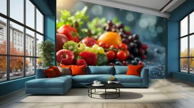 Variety of fresh raw organic fruits and vegetables  Health foods high in protein vitamins antioxidants anthocyanins fibre : Generative AI Wall mural