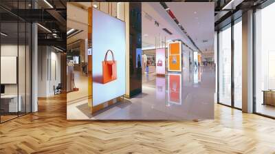 Vertical LED TV Screen at Front of fashion bags store in Shopping Mall Perfect for showcasing your logo and branding : Generative AI Wall mural