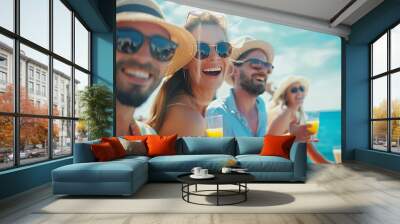 vGroup of happy adult friends enjoy and celebrate together the summer holiday vacation travel leisure acitivity  men and women smiling and having fun with ocean in background  joyful c : Generative AI Wall mural