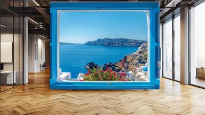 View from an open window with blue shutters of the Aegean sea caldera coastline and whitewashed town of Oia Santorini Greece : Generative AI Wall mural