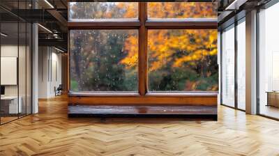 View through a Double glazed wooden window frame in the home in autumn season weather : Generative AI Wall mural