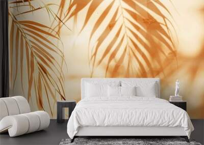 Warm orange and beige summer color background with tropical palm shadow Two trend pastel paper and exotic plant shade layout Minimal flat lay with leaf silhouette overlay : Generative AI Wall mural