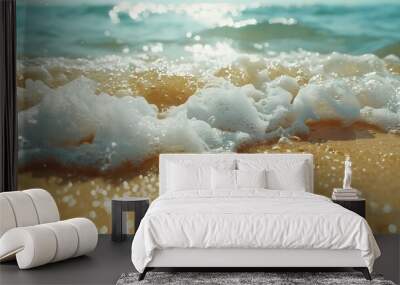 White beach with clear water Sea waves crashing onto the shore With a yellow sand that looks beautiful Background that is suitable for Long summer holiday vacations family activities S : Generative AI Wall mural