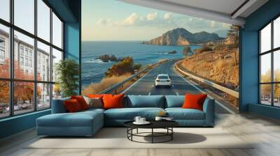 White car drive on road of mediterranean beach driving on coast of Spain Highway view on coast on way to summer holiday Europe travel trip in sea coast road landscape holiday journey o : Generative AI Wall mural